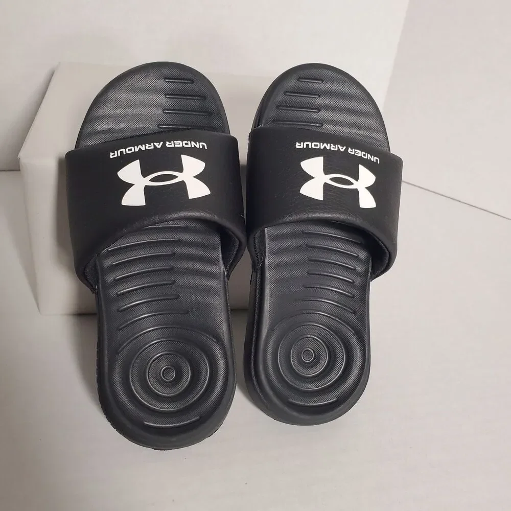 Under Armour Kids Slides Sandals Size 11K Black White Logo‎ Comfort Slip On